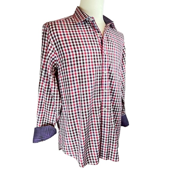 ROBERT GRAHAM Red Checked Gingham Shirt Men's‎ Sz L Fold Back Cuffs Long Sleeve - Picture 3 of 14